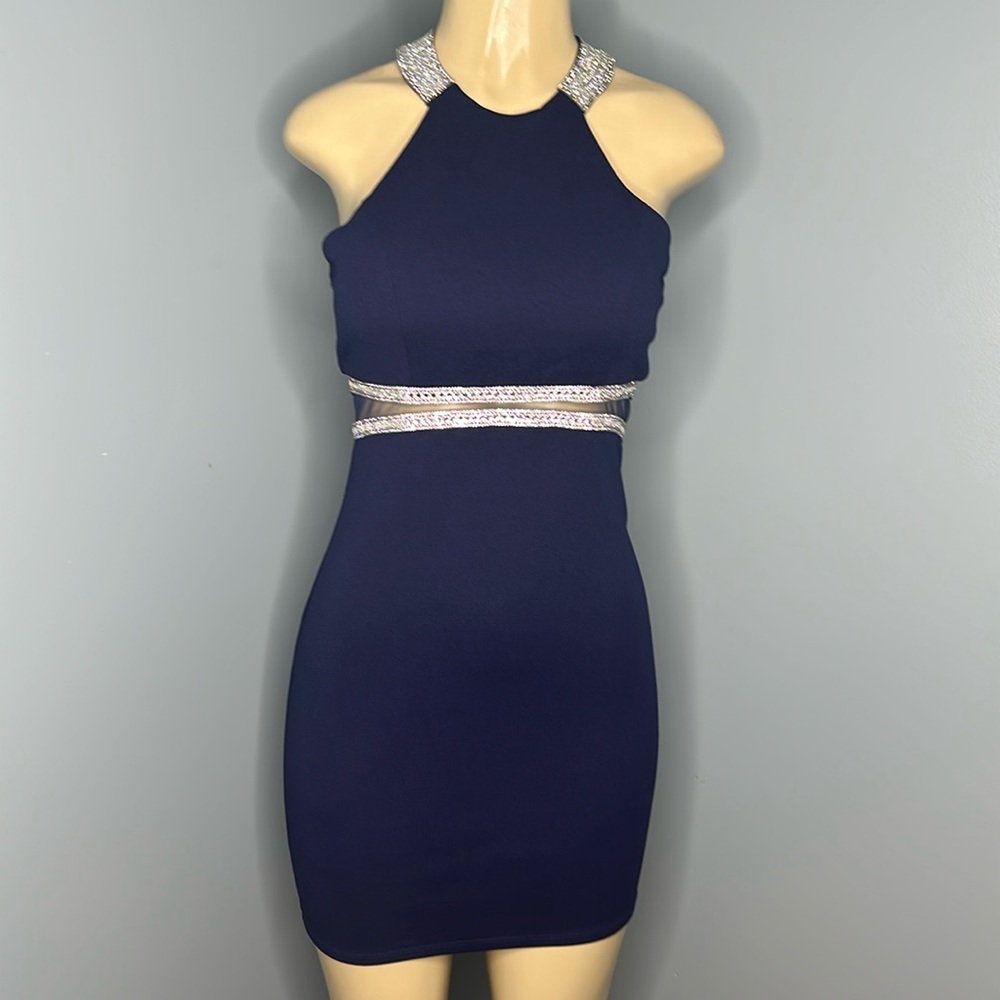 My Michelle Navy Blue formal sleeveless midi dress size 1